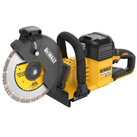 DeWalt DCS692 9-inch cordless cut-off saw showing the 5-position adjustable blade guard and sealed battery enclosure.