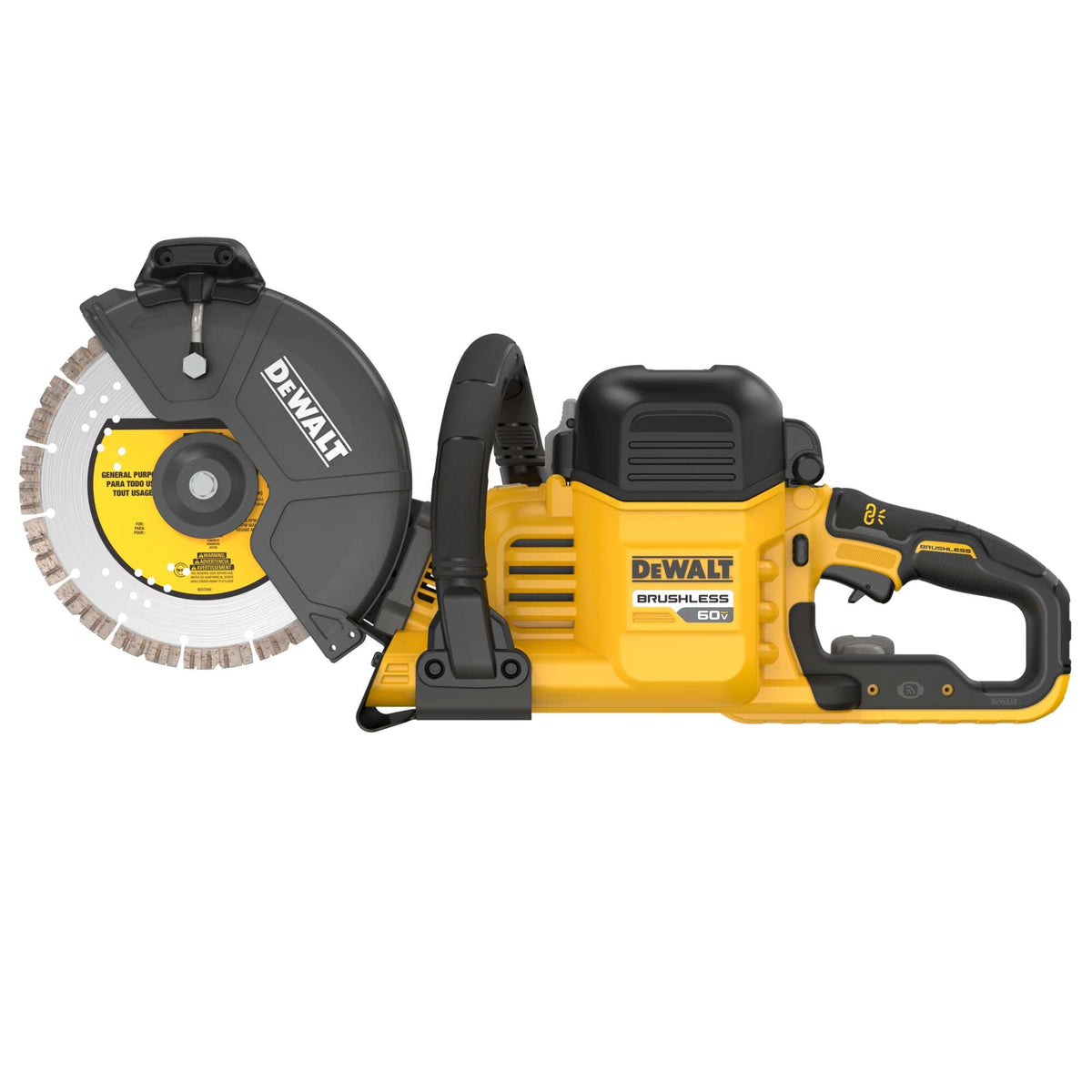 DeWalt 60V MAX cut-off saw profile displaying the 3-position auxiliary front handle and 3-1/4-inch cut depth diamond blade.