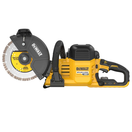 DeWalt 60V MAX cut-off saw profile displaying the 3-position auxiliary front handle and 3-1/4-inch cut depth diamond blade.