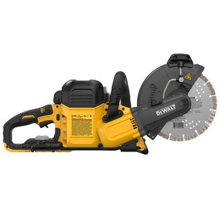 DeWalt DCS692 cut-off saw base view showing the dual-sided water feed connection for OSHA Table 1 dust compliance.