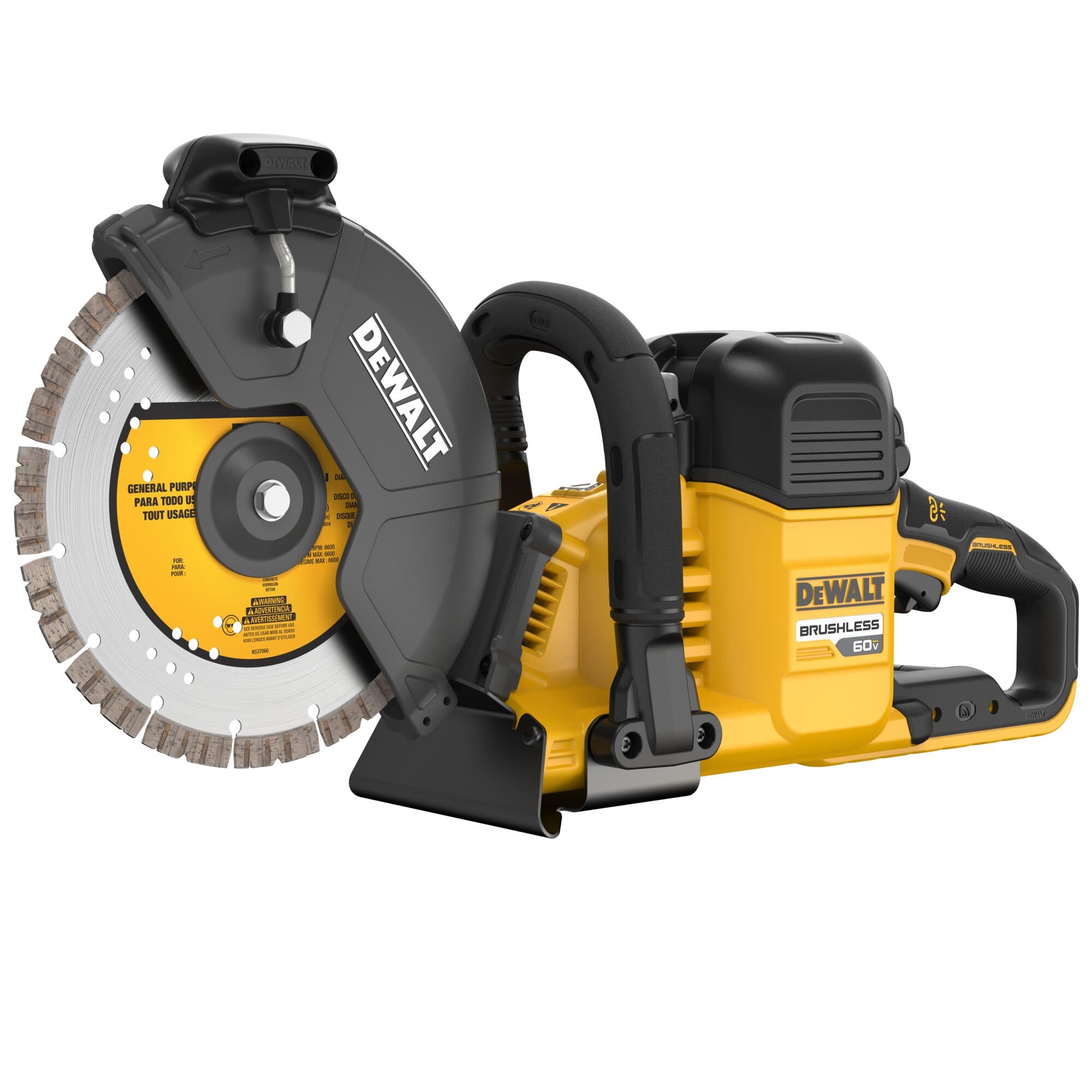 DeWalt 9-inch cordless concrete cut-off saw angled to show the belt-free all-metal drivetrain and diamond wheel.