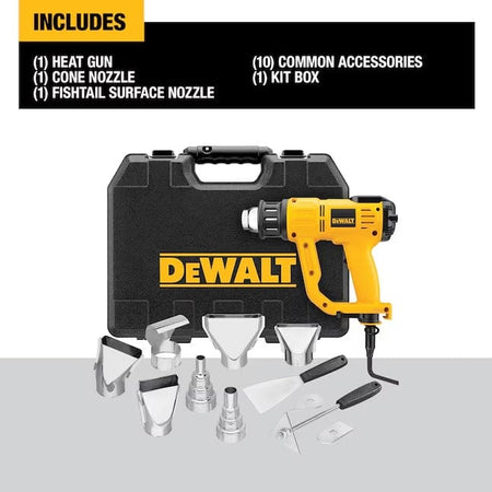 Infographic displaying the contents of the kit, including the yellow heat gun, a black hard case, and twelve accessories, with text listing the items such as the cone nozzle and fishtail surface nozzle.