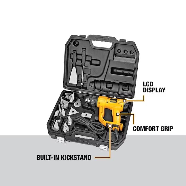 The open hard plastic storage case showing the internal organization of the heat gun and accessories, with lines pointing to specific features labeled LCD Display, Comfort Grip, and Built-In Kickstand.