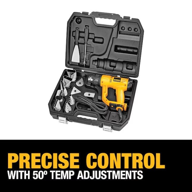 The open DeWalt heat gun kit case featuring a text overlay at the bottom that reads Precise Control with 50 degree Temp Adjustments.