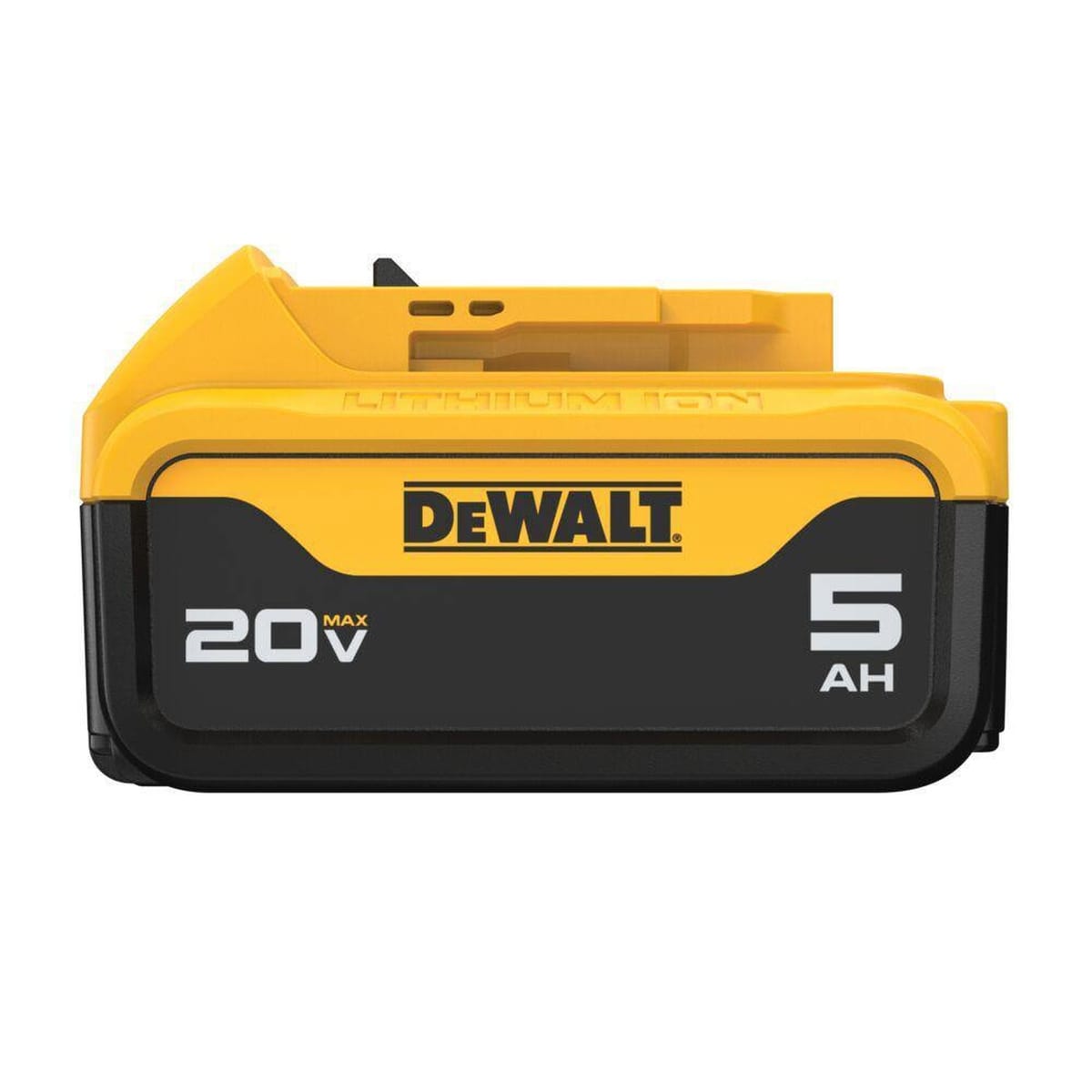 Full side view of the DeWalt 20V MAX 5 AH battery pack against a white background. This high-capacity XR lithium ion battery is a core component of the DCB205C starter kit for professional-grade power tool performance.