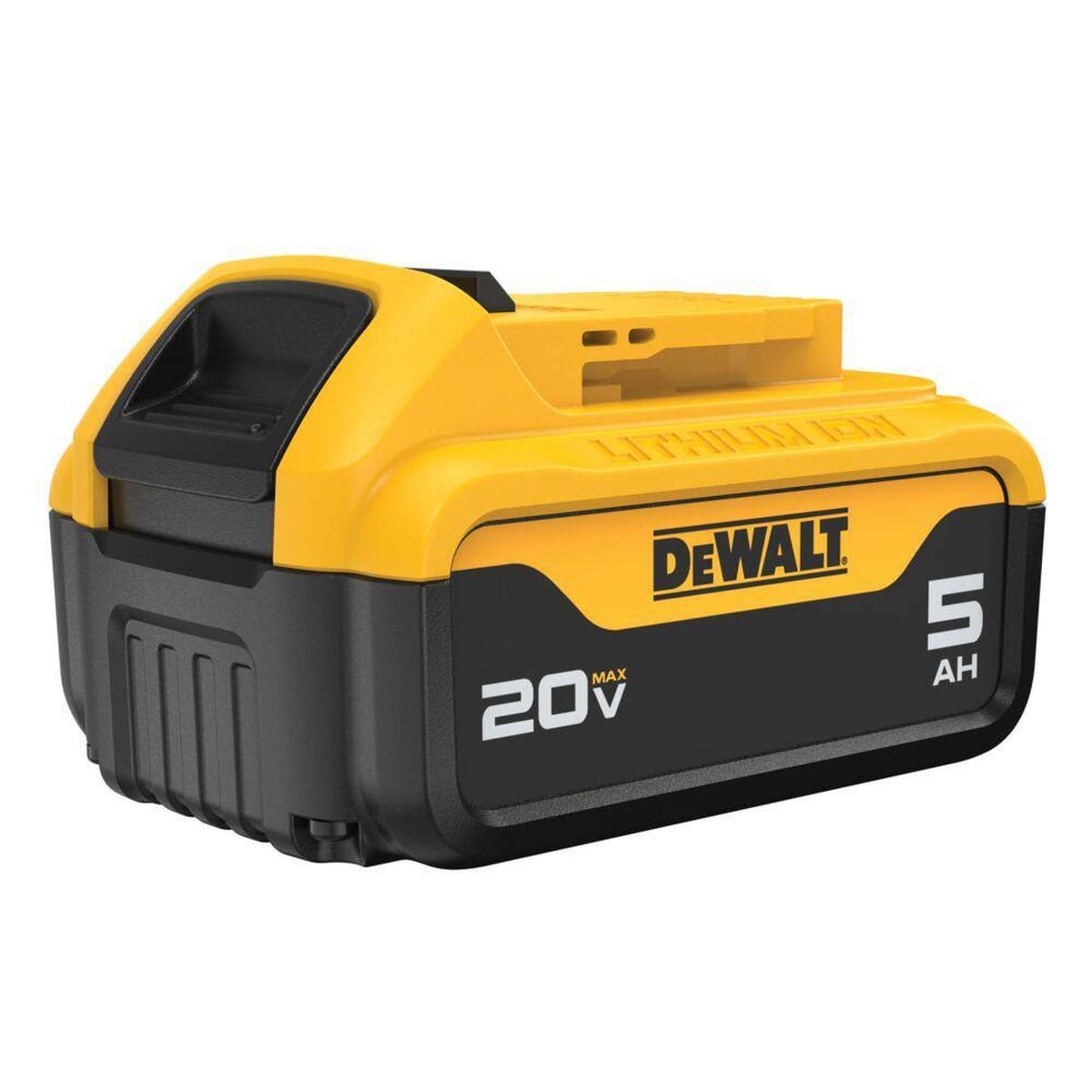 Close-up perspective of a DeWalt 20V MAX 5.0 Ah lithium ion battery, showing the XR branding and premium high-capacity design. The black and yellow rugged housing is built for heavy-duty use with cordless drills, saws, and sanders.