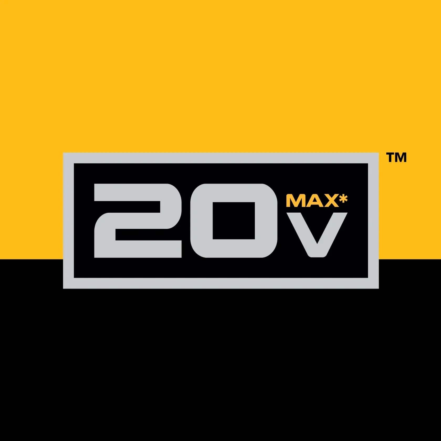 Official DeWalt 20V MAX logo set against a high-contrast yellow and black background. This graphic represents the professional-grade power platform compatible with the DCB205C starter kit and various high-performance cordless tools.
