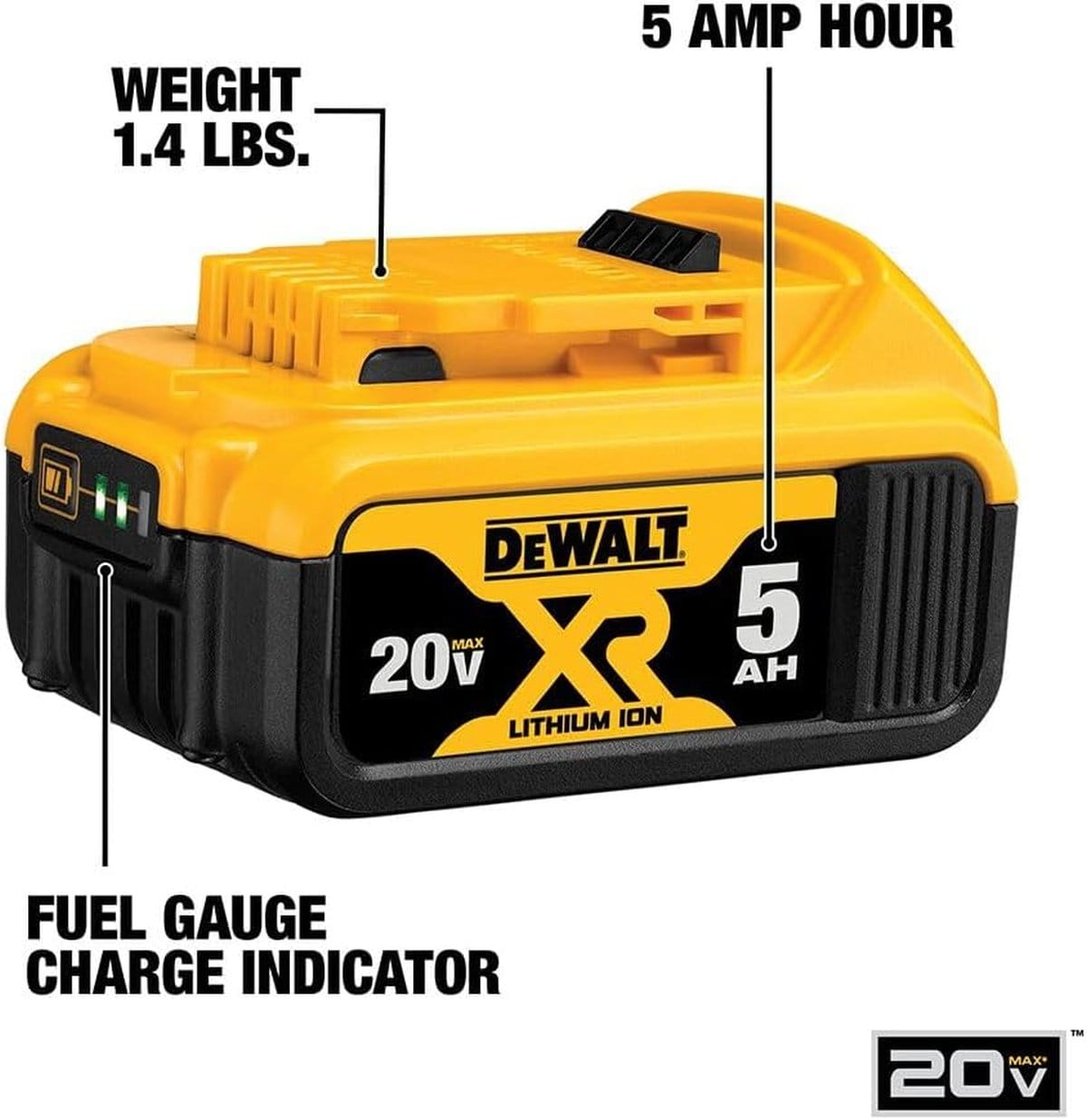 Features diagram of the DEWALT premium battery pack showing the lightweight design and high-capacity lithium-ion cells for long-lasting jobsite power.