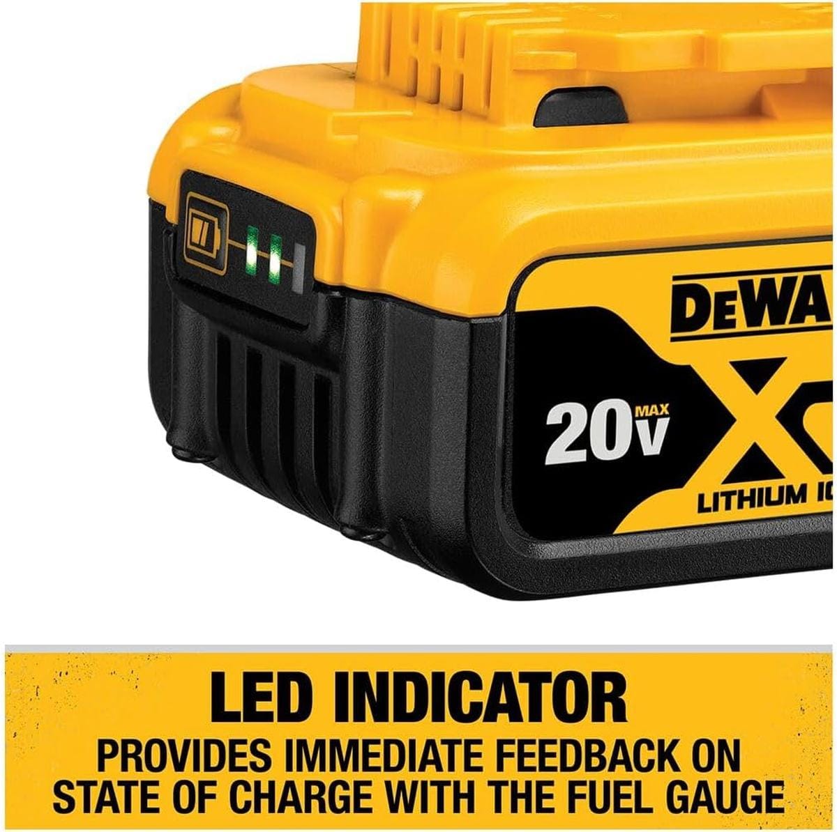 Technical graphic illustrating the compatibility of the DCB205 battery with the entire DEWALT 20V MAX system of cordless power tools.