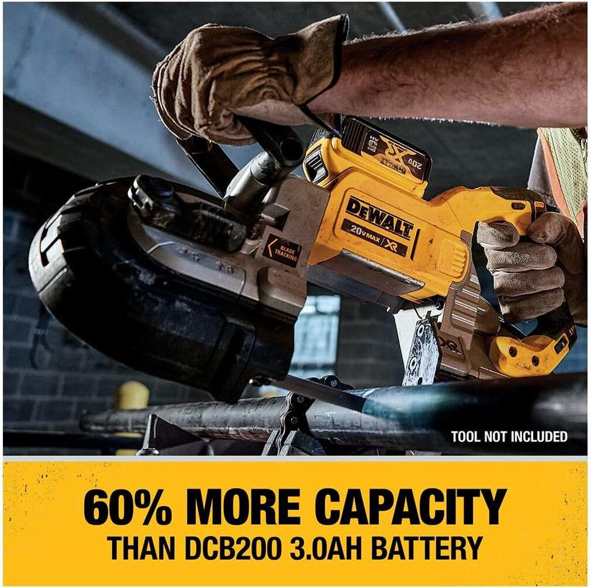 Technical diagram showcasing the universal compatibility of the DCB205 5.0 Ah battery across the entire DEWALT 20V MAX system of cordless power tools.