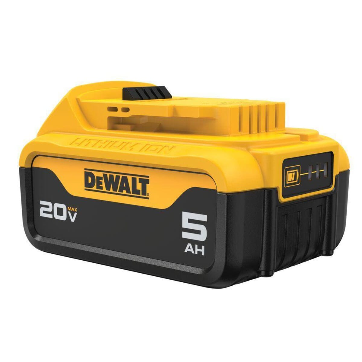 Perspective view of the DeWalt 5.0 Ah premium battery showing the top connection interface and the side-mounted fuel gauge. The signature yellow and black ergonomic design is compatible with the full line of DeWalt 20V MAX cordless tools.