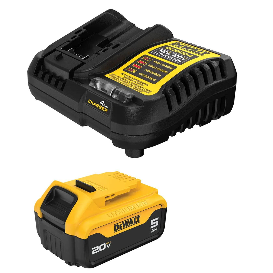 DeWalt DCB205C starter kit featuring a 20V MAX 5.0 Ah premium lithium ion battery and a DCB1104 multi-voltage charger. The 4 Amp charger includes LED diagnostic indicators for stage 1 and stage 2 charging, pack charged, and hot/cold delay.