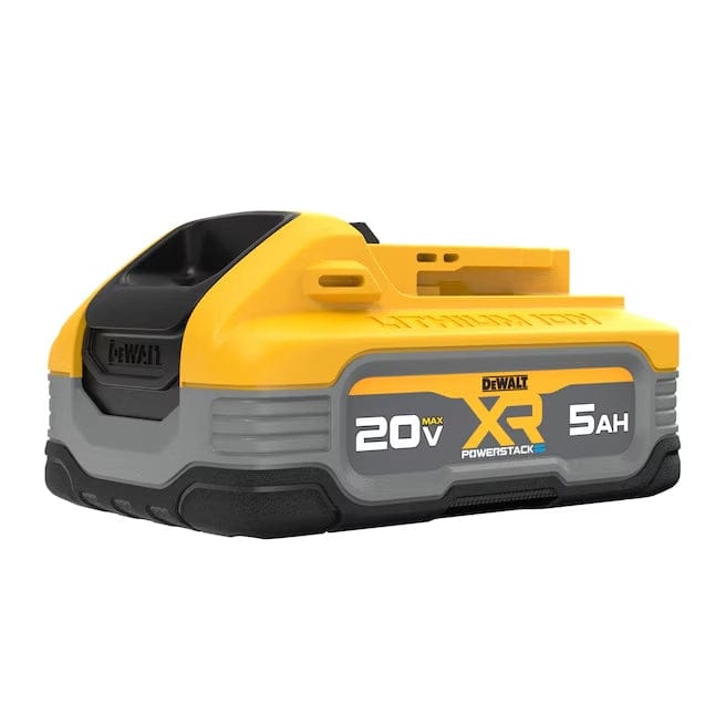 A studio photograph of the DeWalt DCBP520 20V MAX XR POWERSTACK 5.0 Ah battery shown from a high side angle, highlighting the compact pouch cell design and rugged gray and black overmolded base.