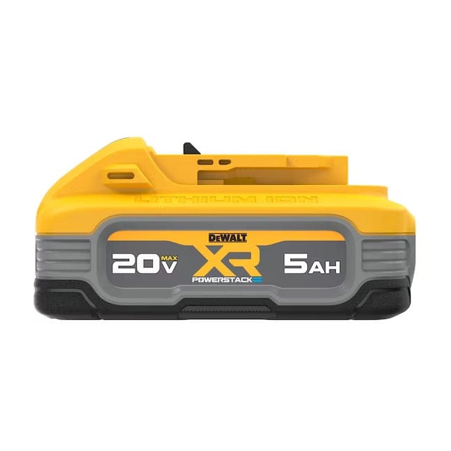 A side-profile studio photograph of the DeWalt DCBP520 battery, showcasing the XR POWERSTACK and 5 Ah branding on the side of the gray and yellow housing.