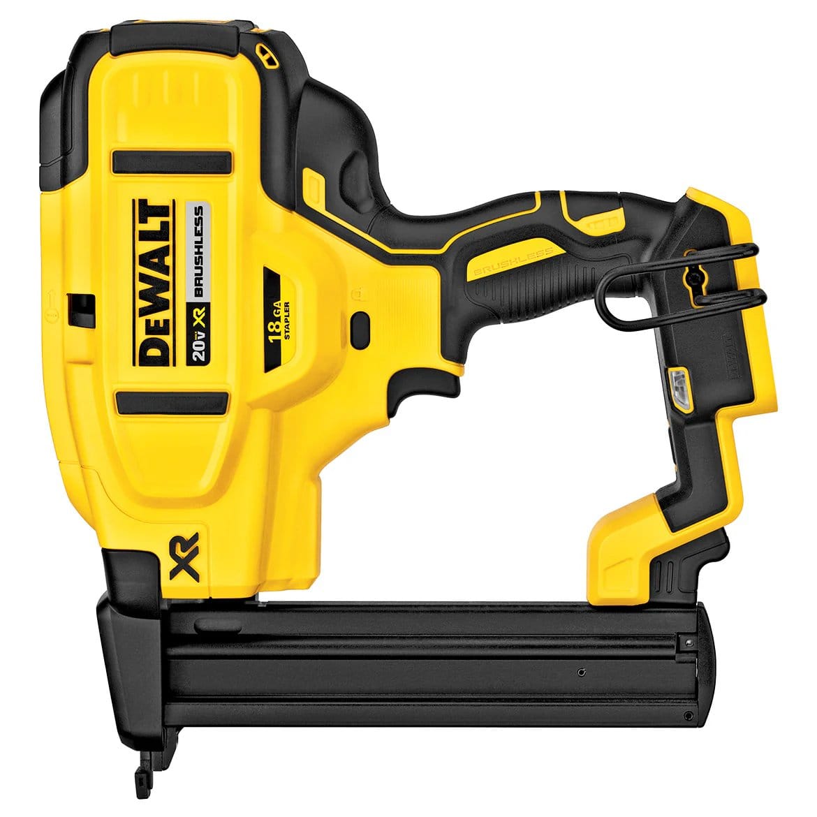 A side profile studio shot of the DeWalt DCN681B 20V MAX XR 18-gauge narrow crown stapler.