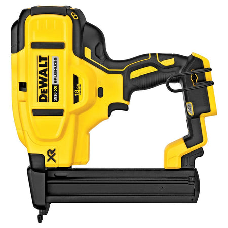 A side profile studio shot of the DeWalt DCN681B 20V MAX XR 18-gauge narrow crown stapler.