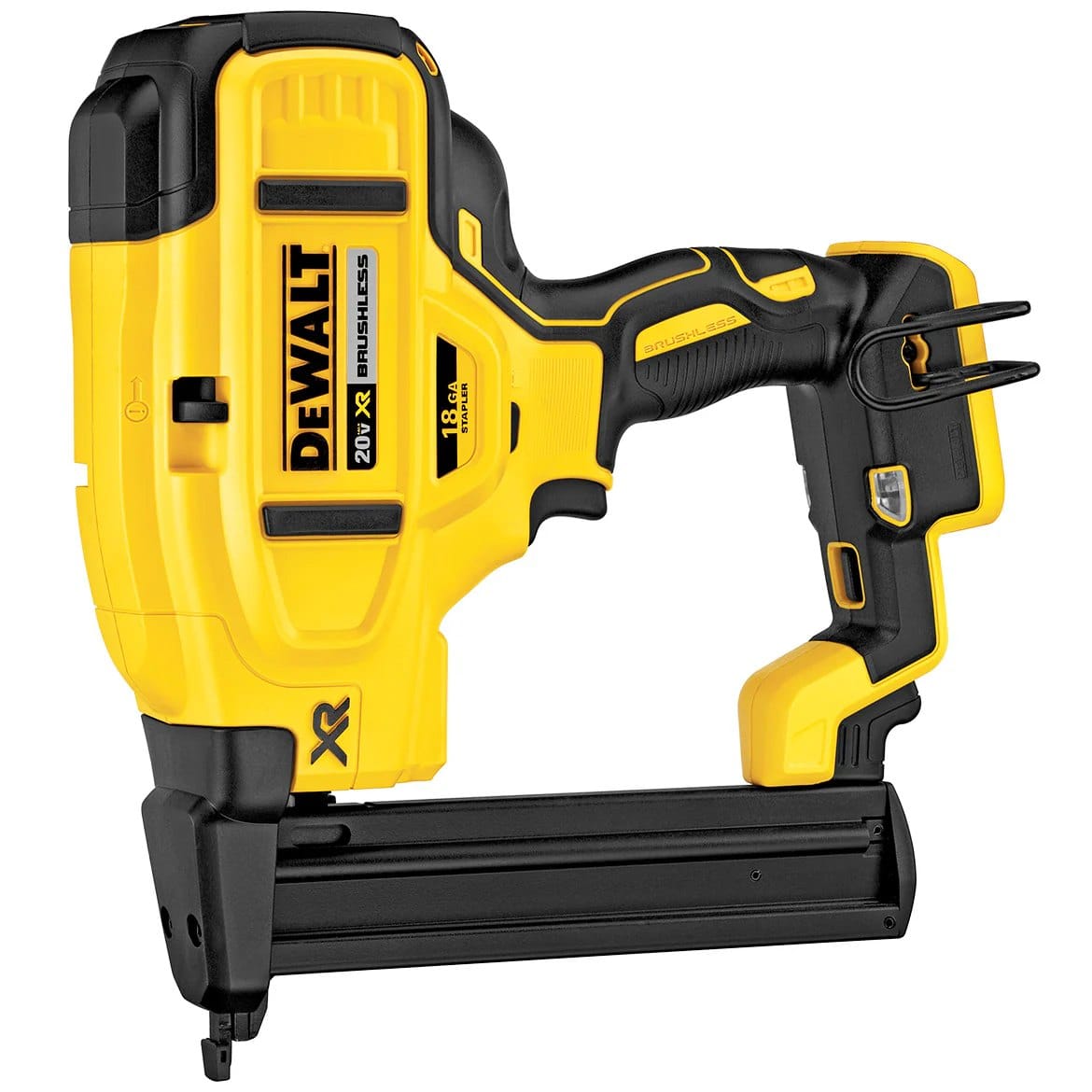 A three-quarter angle studio shot of the DeWalt DCN681B 20V MAX XR 18-gauge narrow crown stapler.
