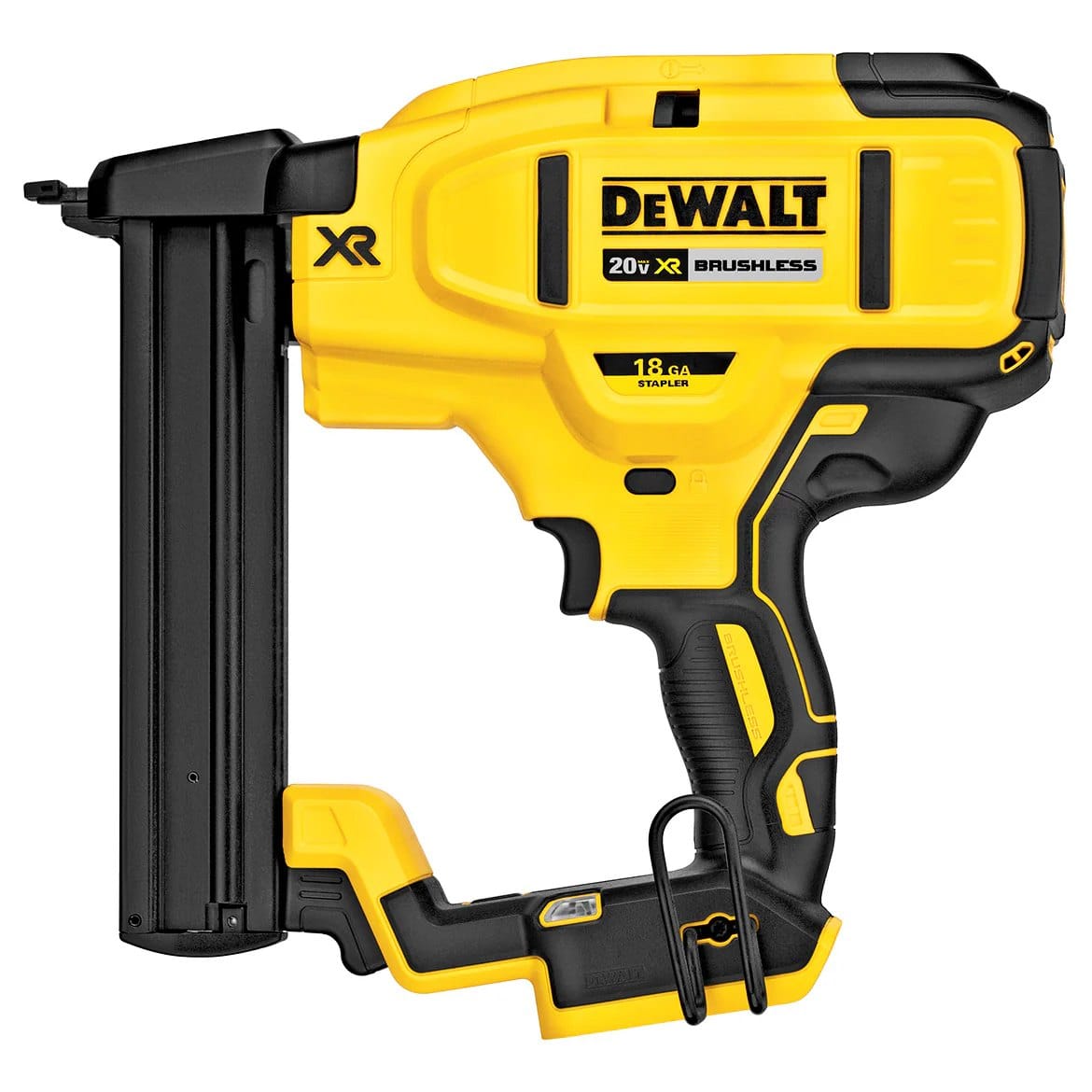 A three-quarter angle studio shot of the DeWalt DCN681B cordless 18-gauge narrow crown stapler.