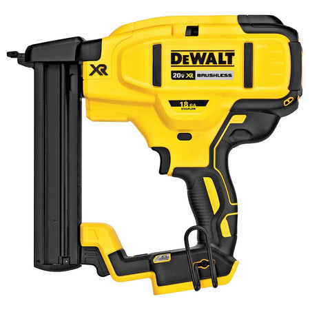 A three-quarter angle studio shot of the DeWalt DCN681B cordless 18-gauge narrow crown stapler.