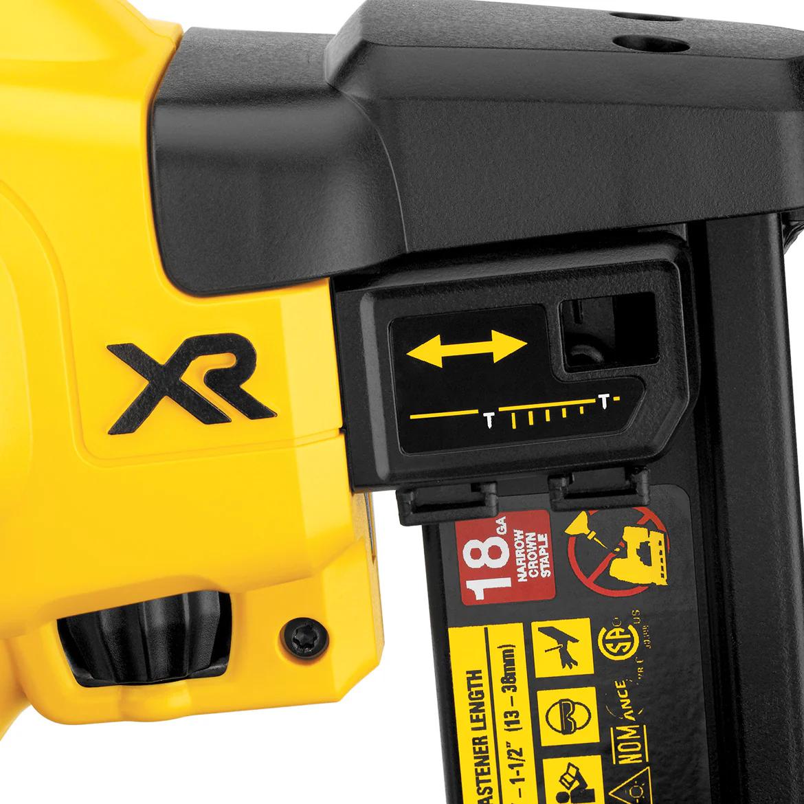 A detailed close-up of the tool-free depth adjustment dial on the DeWalt DCN681 stapler, just above the magazine.