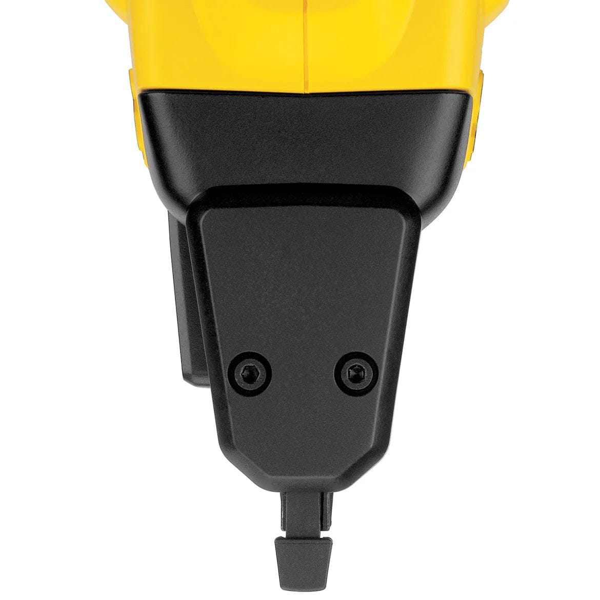 A front-on studio shot of the nose and magazine of the DeWalt DCN681 narrow crown stapler.