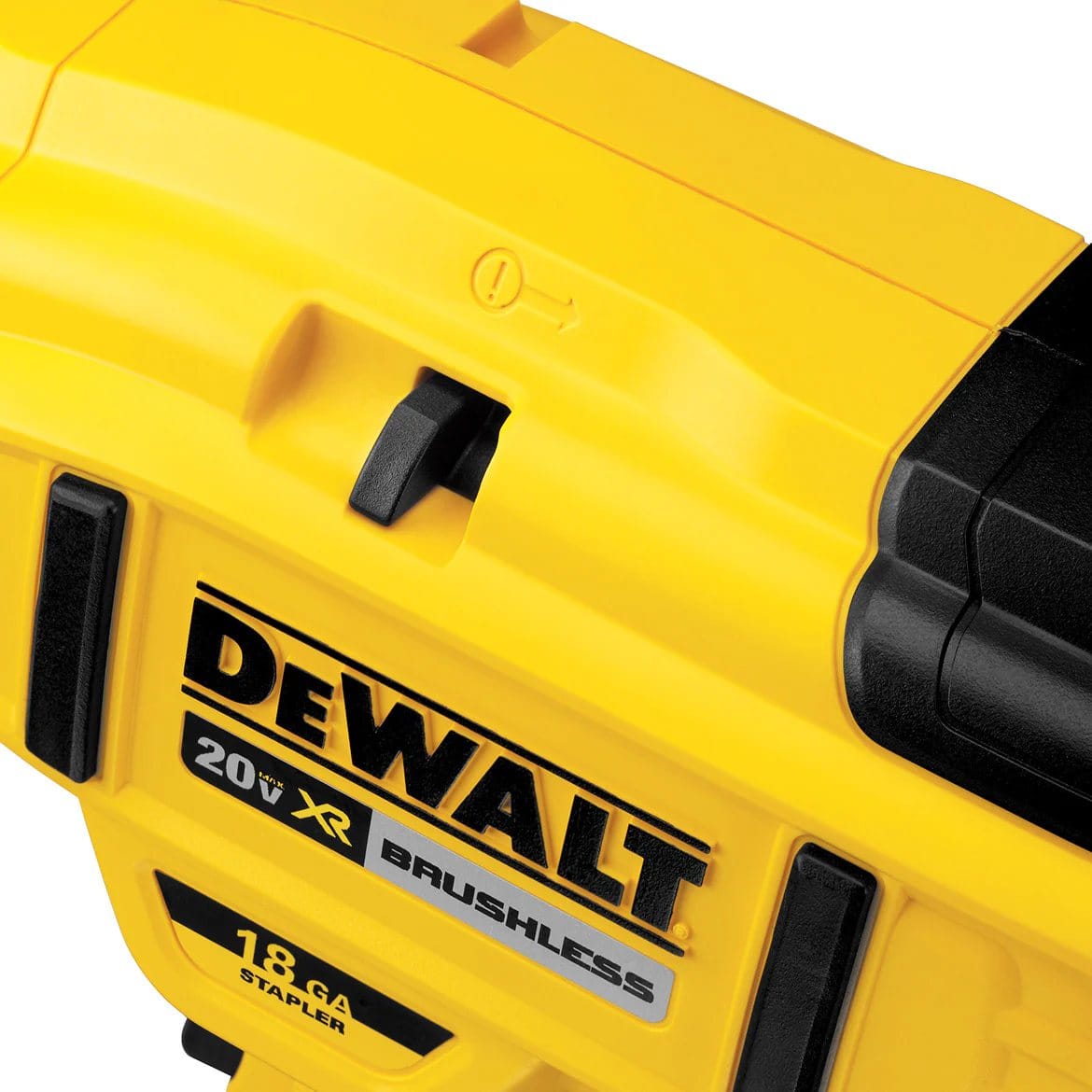 A close-up studio shot of the tool-free stall release lever and DeWalt 20V XR Brushless logo on the DCN681 stapler.