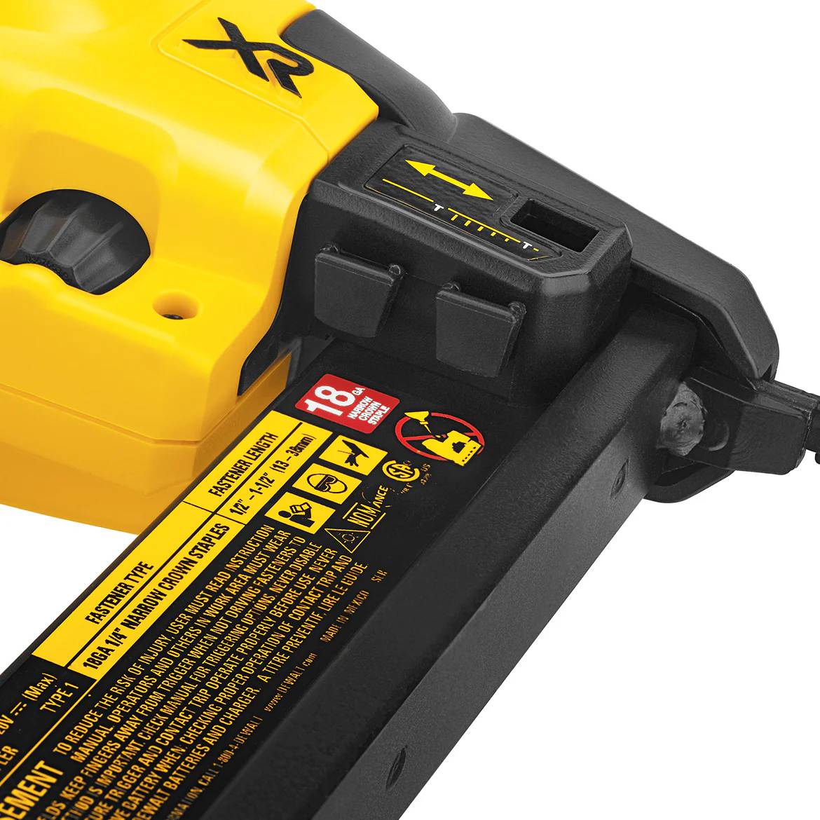 A close-up studio shot of the tool-free depth adjustment dial on the DeWalt DCN681 stapler.