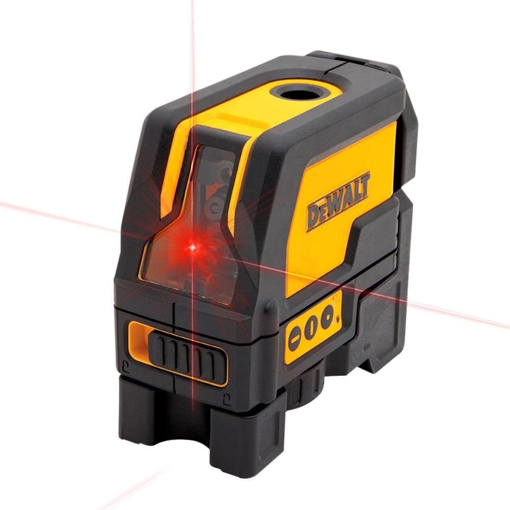 A studio photograph of the DeWalt DW0822 laser level shown at an angle with its bright red horizontal and vertical cross-line beams and vertical plumb spot beams activated and projecting outward from the front and top lenses.
