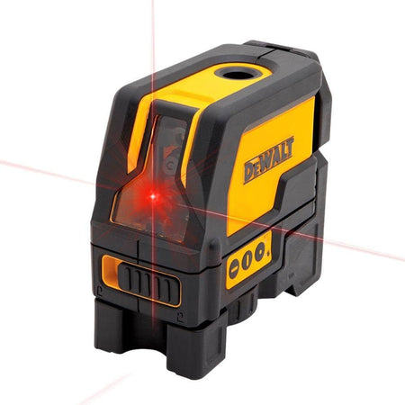 A studio photograph of the DeWalt DW0822 laser level shown at an angle with its bright red horizontal and vertical cross-line beams and vertical plumb spot beams activated and projecting outward from the front and top lenses.