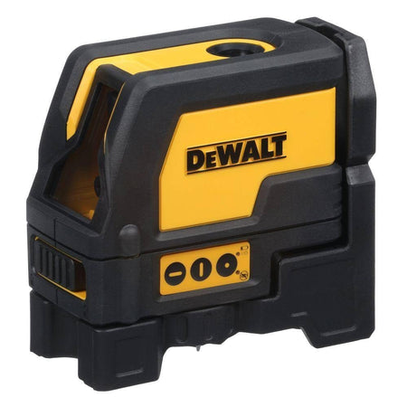 A studio photograph showing the front and side profile of the DeWalt DW0822 laser level, highlighting the yellow and black overmolded housing and the side control panel with three LED indicator lights.