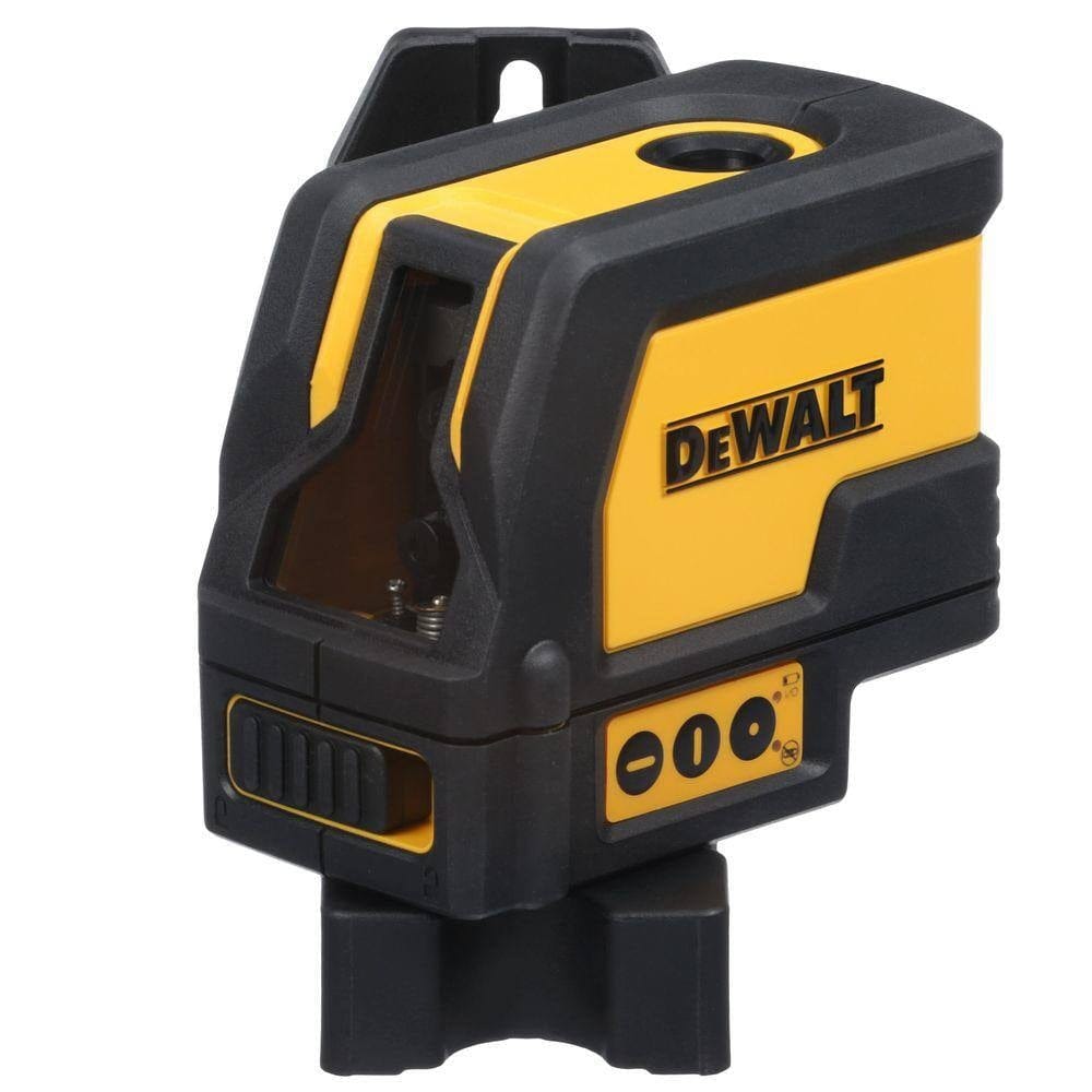 A studio photograph of the DeWalt DW0822 laser level from a front-side perspective, showcasing the vertical laser aperture and the integrated magnetic pivoting base attached to the bottom.