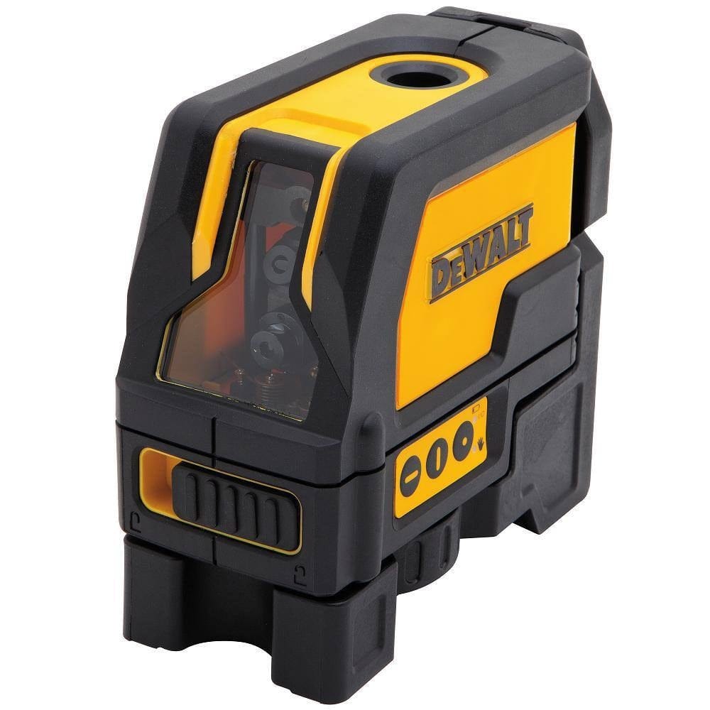 A studio photograph of the DeWalt DW0822 laser level viewed from the top-front, clearly showing the circular top laser aperture used for projecting the upward plumb spot.