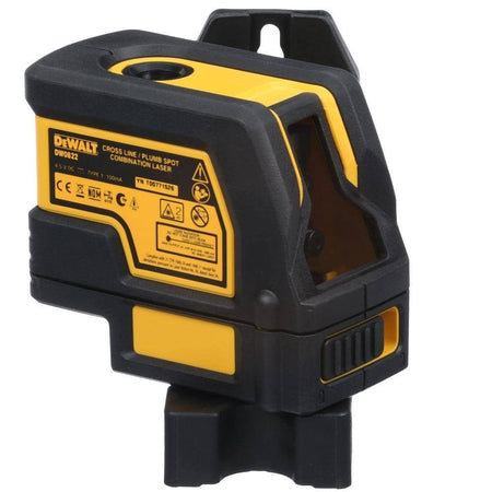 A studio photograph of the back and side of the DeWalt DW0822 laser level, displaying a detailed product label with safety warnings, laser classification information, and the DeWalt brand logo.