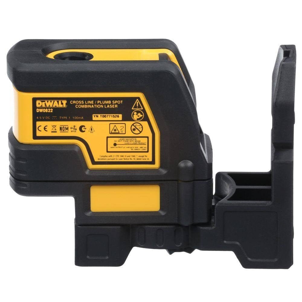 A studio photograph showing the back of the DeWalt DW0822 laser level with its integrated magnetic bracket fully extended to the side, illustrating the mounting flexibility for metal surfaces.