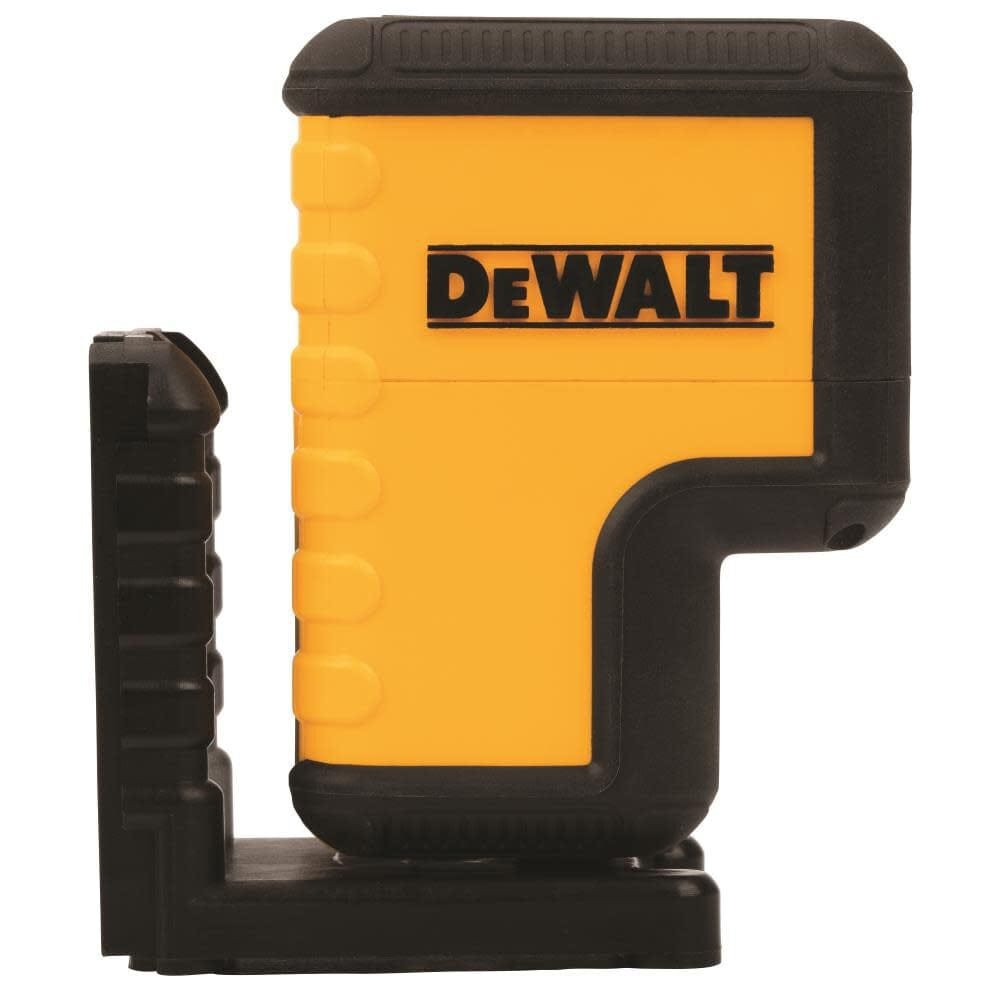 A studio photograph of the DeWalt DW08302CG 3-spot laser level from the left side, showcasing the rugged yellow housing and the black magnetic mounting bracket.