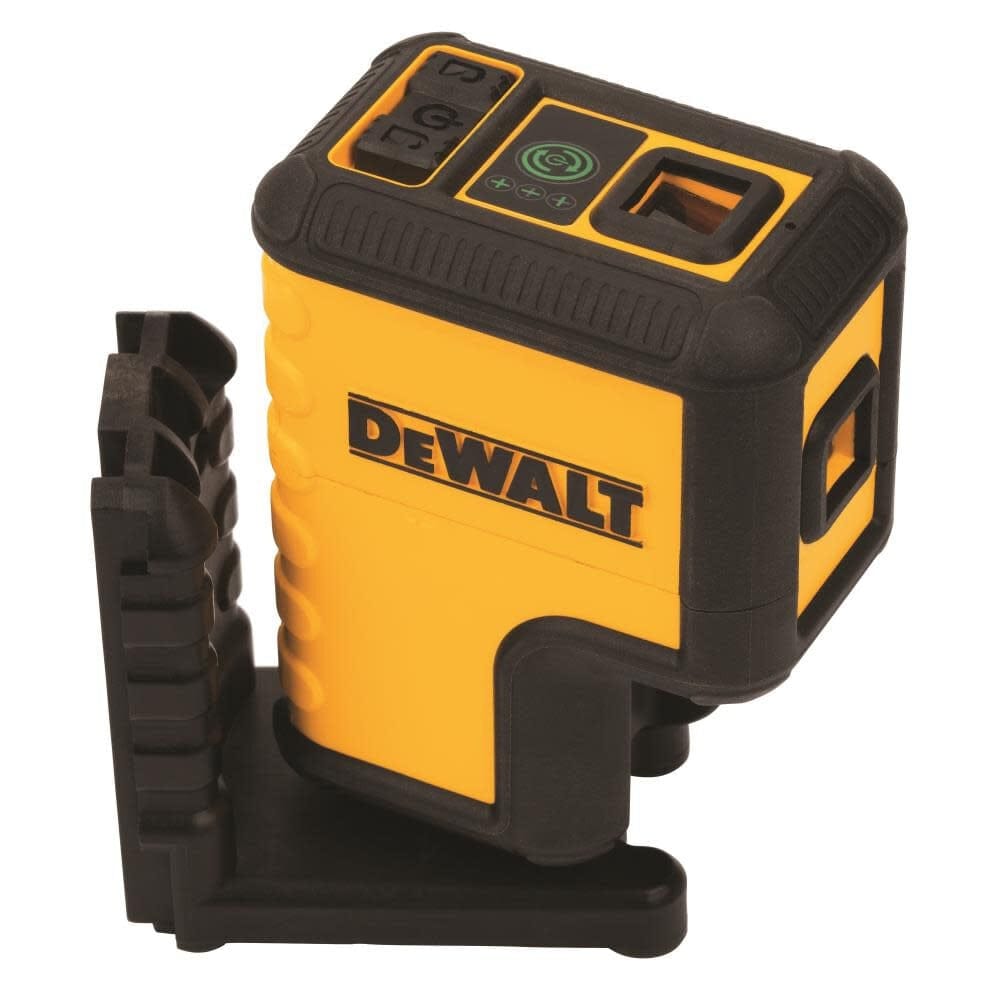 A studio photograph of the DeWalt DW08302CG green spot laser level at an angle, displaying the top and front laser apertures and the intuitive control interface.