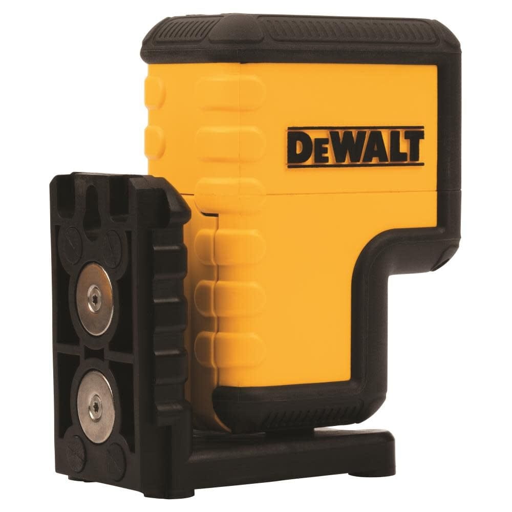 A studio photograph of the rear of the DeWalt DW08302CG laser level, highlighting the two powerful circular magnets on the back of the integrated pivoting bracket.