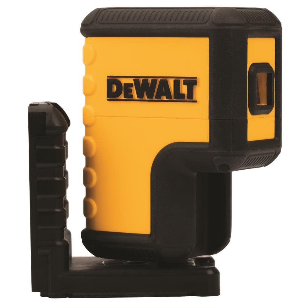 A studio photograph showing a side profile of the DeWalt DW08302CG green 3-spot laser level, highlighting the yellow and black overmolded housing with the DeWalt logo and the integrated L-shaped magnetic pivoting bracket.