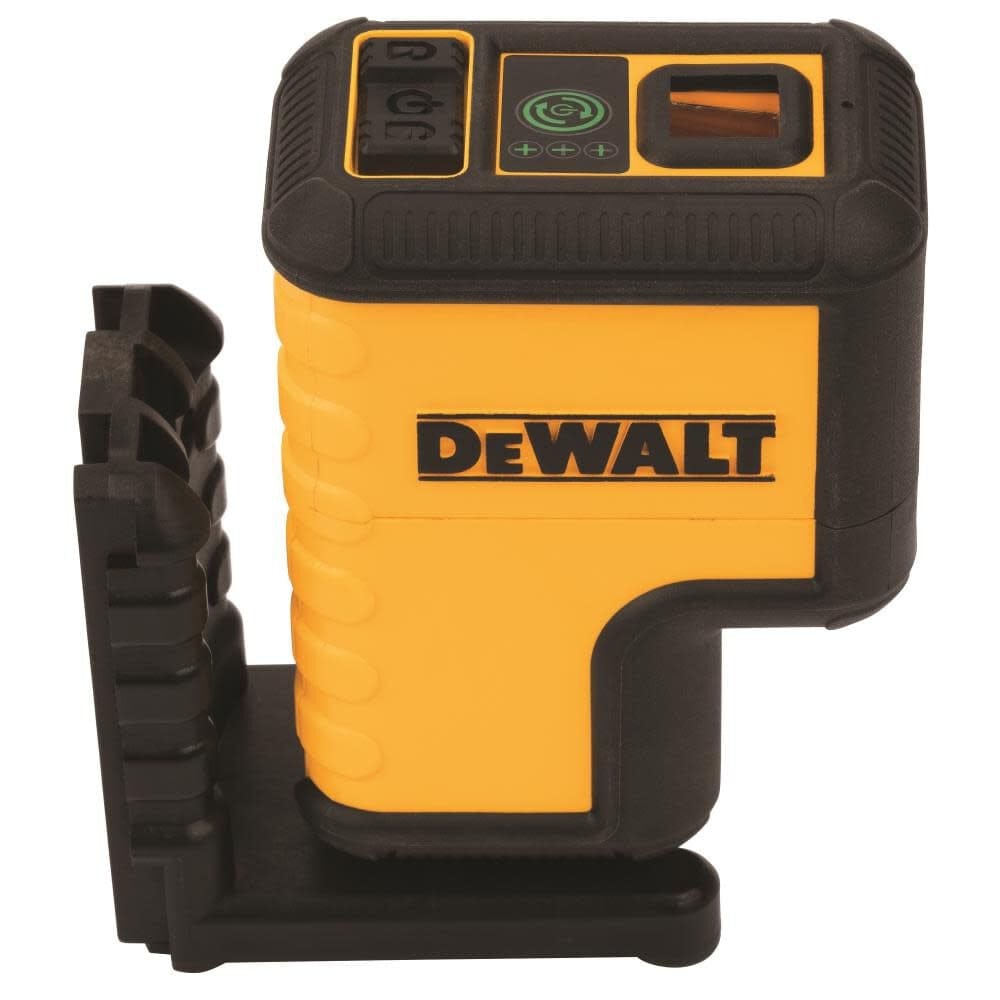 A studio photograph from an elevated side angle of the DeWalt DW08302CG laser level, showing the top control panel with a green power button and three LED status indicator lights.