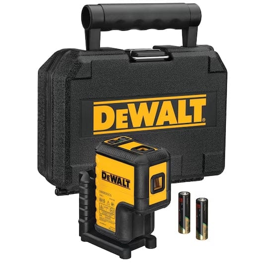 A studio photograph of the complete DeWalt DW08302CG kit, including the green 3-spot laser level with its magnetic bracket, two AA batteries, and a rugged black hardshell carrying case with the DeWalt logo.