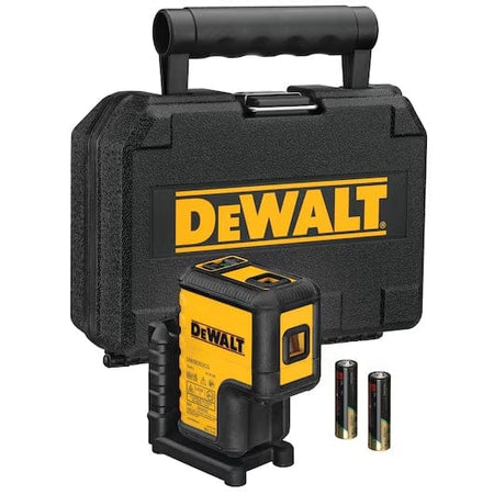 A studio photograph of the complete DeWalt DW08302CG kit, including the green 3-spot laser level with its magnetic bracket, two AA batteries, and a rugged black hardshell carrying case with the DeWalt logo.