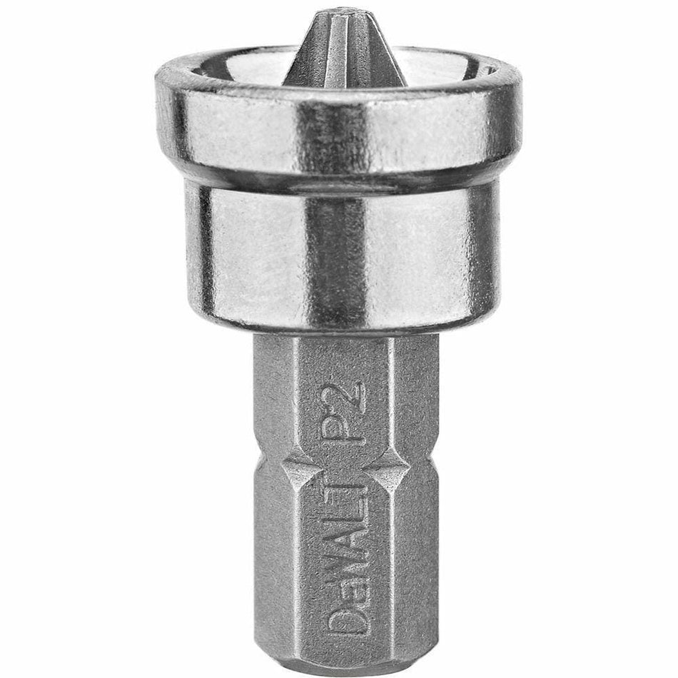 Close-up of the DeWalt DW2014B drywall screw setter bit, showing the #1 Phillips tip, the fixed depth collar, and the 1/4 inch hex shank for use in a drill or impact driver.