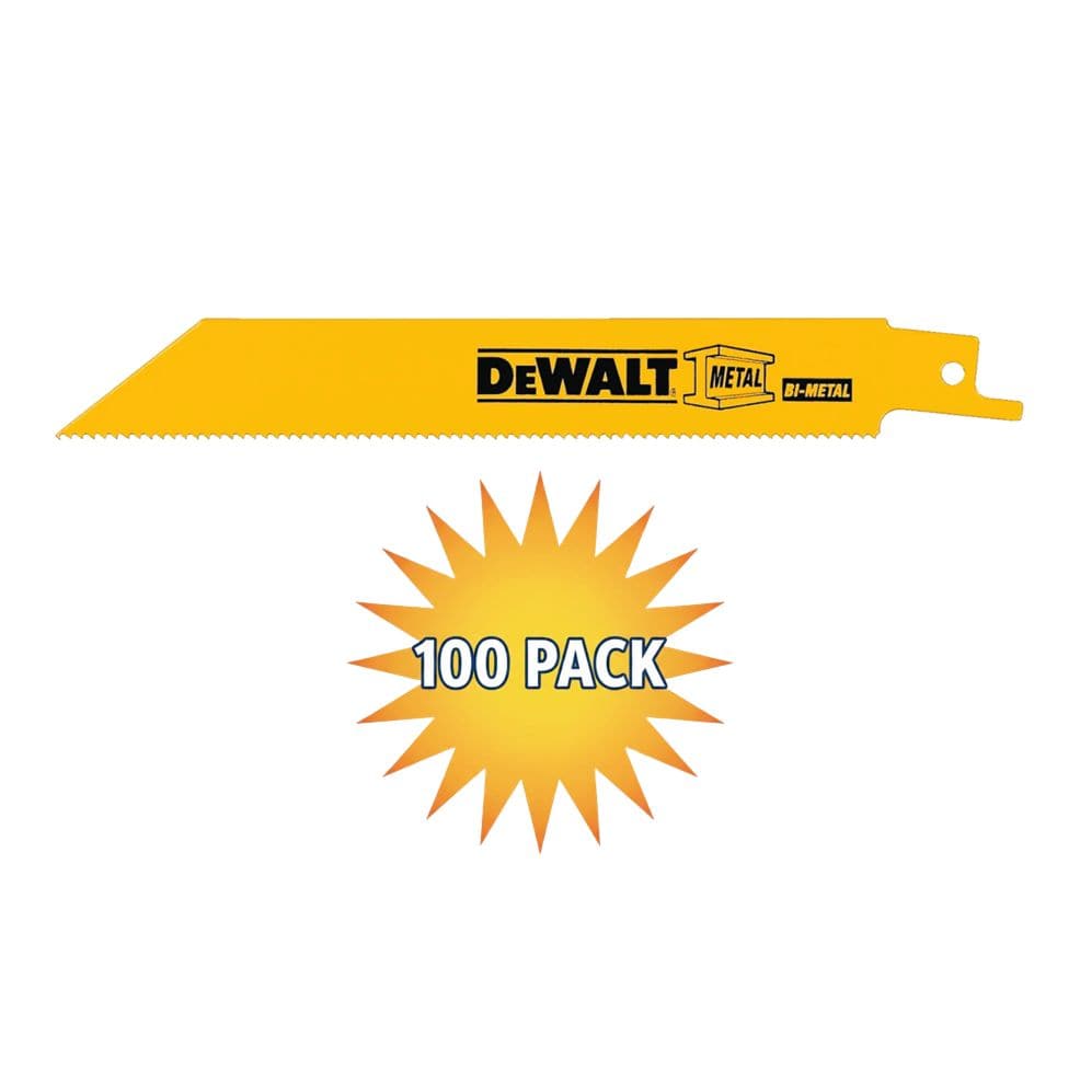 A marketing graphic for a 100-pack bulk set of DEWALT DW4807B 6-inch bi-metal reciprocating saw blades. The image shows a single high-performance yellow blade above a sunburst icon containing the text 100 PACK, highlighting the value for professional contractors and high-volume demolition jobs.