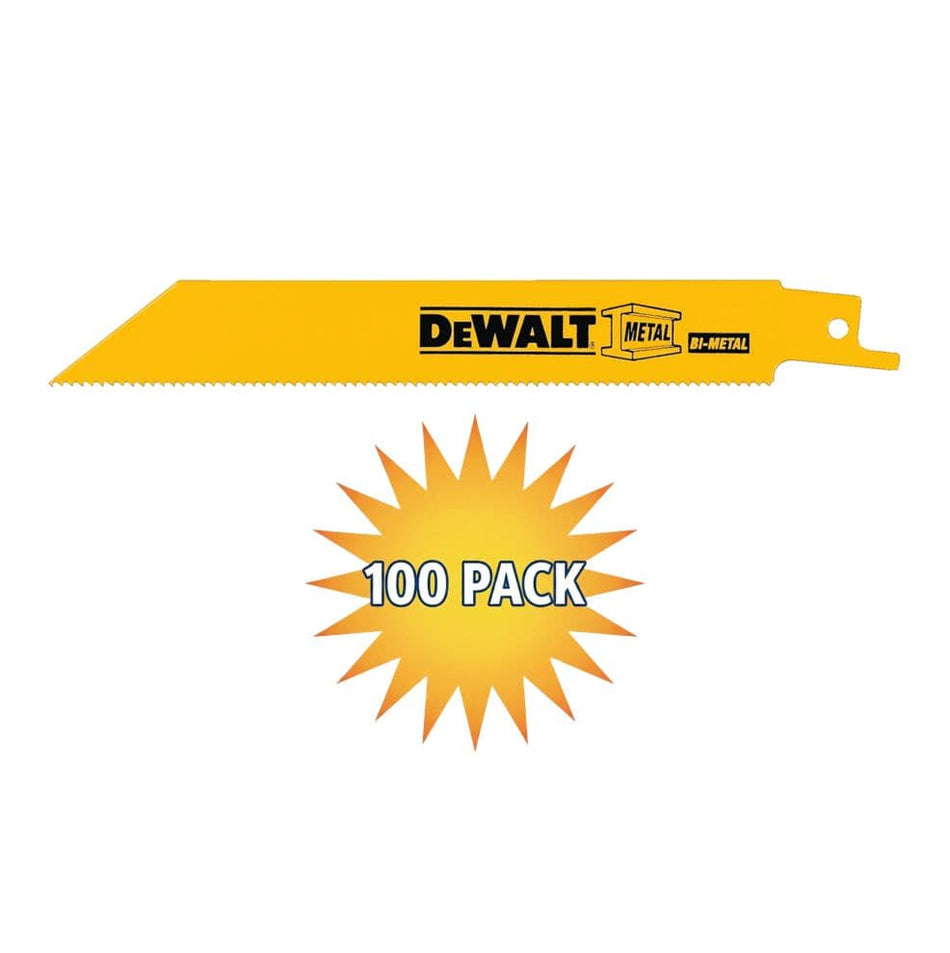A marketing graphic for a 100-pack bulk set of DEWALT DW4807B 6-inch bi-metal reciprocating saw blades. The image shows a single high-performance yellow blade above a sunburst icon containing the text 100 PACK, highlighting the value for professional contractors and high-volume demolition jobs.
