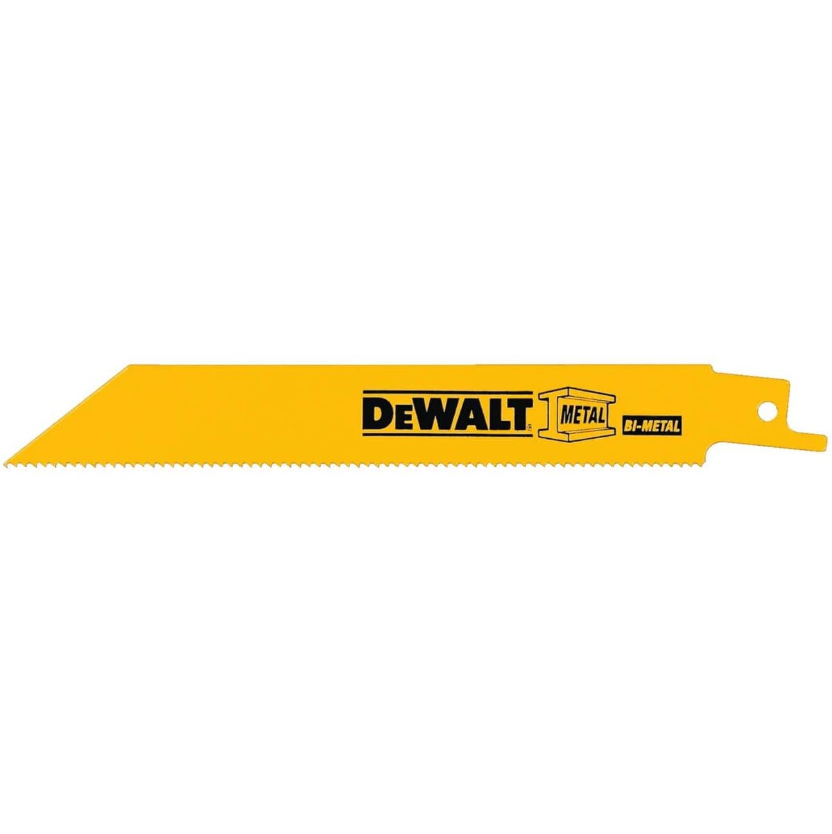 A studio profile shot of a single DEWALT DW4807B 6-inch reciprocating saw blade. The yellow bi-metal blade features 14 TPI (teeth per inch) for smooth metal and wood cutting, a straight back design for precision, and an anti-stick coating to reduce friction during heavy-duty demolition.