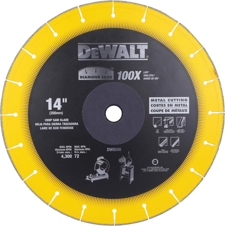 A top-down studio photograph of the DeWalt DW8500 14-inch Diamond Edge chop saw blade, featuring its yellow perimeter rim with laser-cut expansion slots, a textured black steel core body, and crisp white typography displaying technical specifications, including its 4,300 maximum RPM limit and target material icons against a white background.