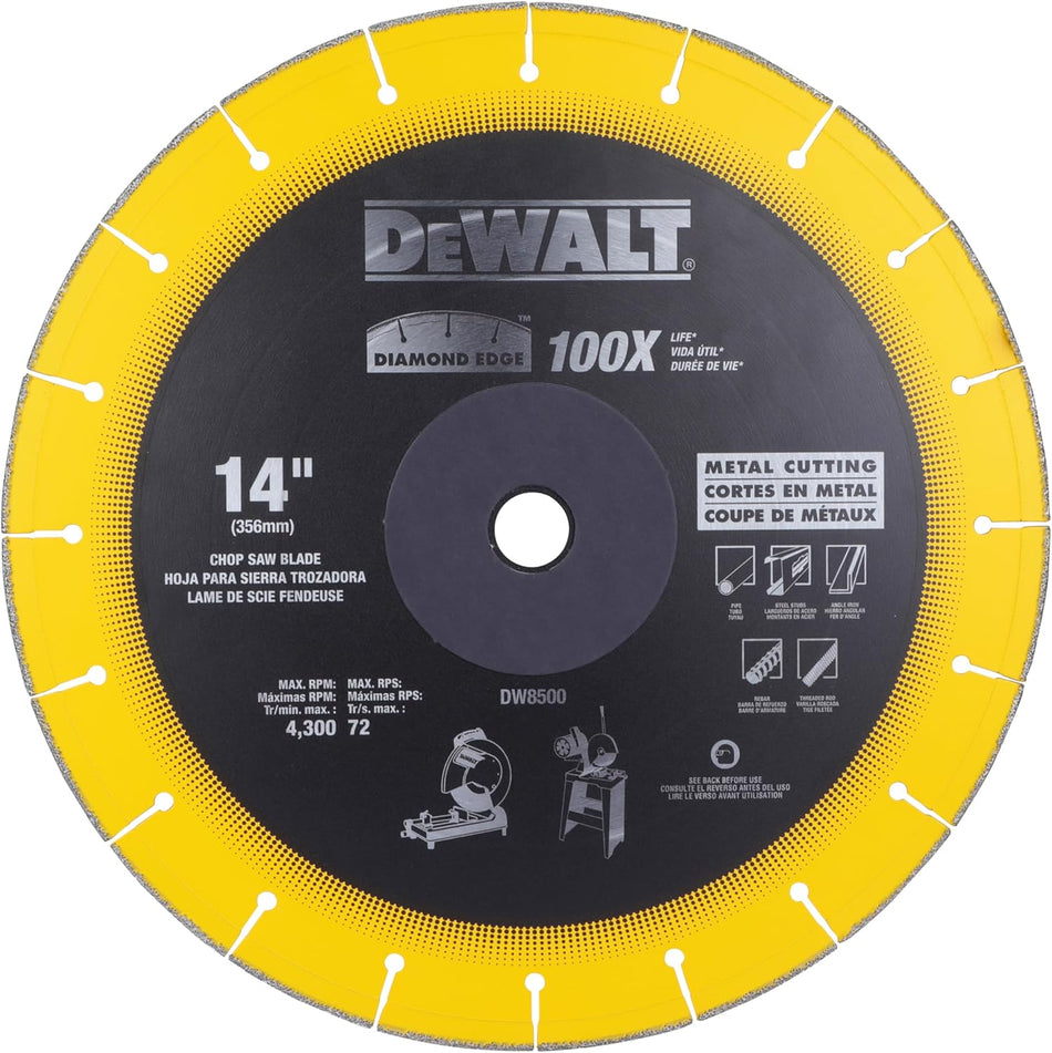 A top-down studio photograph of the DeWalt DW8500 14-inch Diamond Edge chop saw blade, featuring its yellow perimeter rim with laser-cut expansion slots, a textured black steel core body, and crisp white typography displaying technical specifications, including its 4,300 maximum RPM limit and target material icons against a white background.