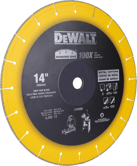 A perspective product photograph of the DeWalt DW8500 14-inch diamond edge chop saw blade, angled to illustrate the industrial diamond coating embedded on the perimeter cutting segments and the central 1-inch arbor hole.