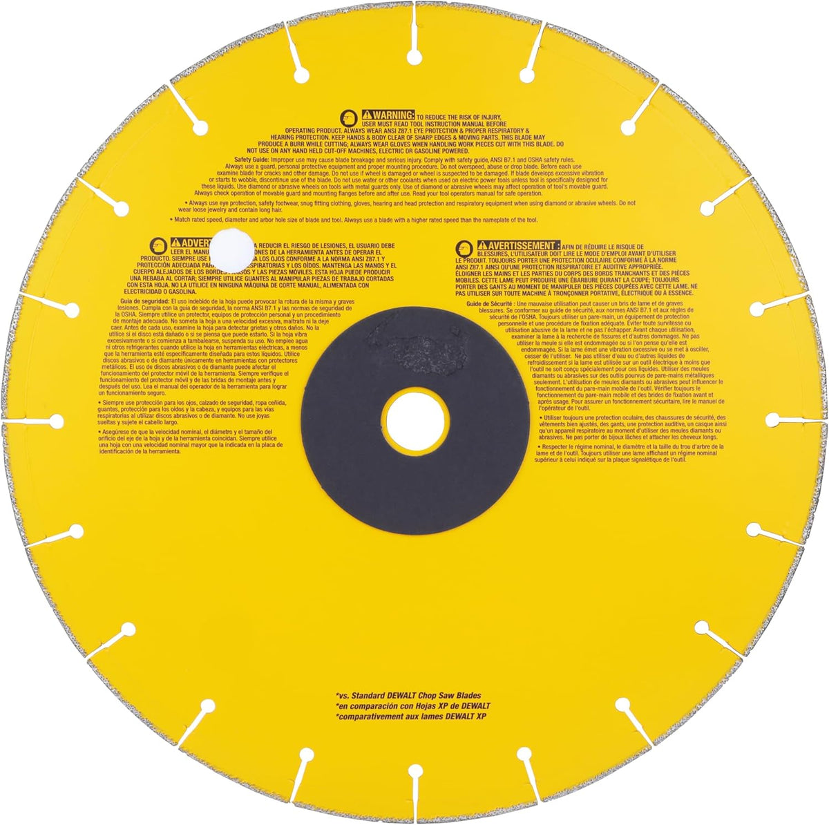 A flat-lay studio product shot of the reverse side of the yellow and black DeWalt DW8500 14-inch diamond edge metal cutting blade, highlighting comprehensive English warning texts regarding proper personal protective equipment usage and operational speed parameters printed across the upper half of the alloy core body.