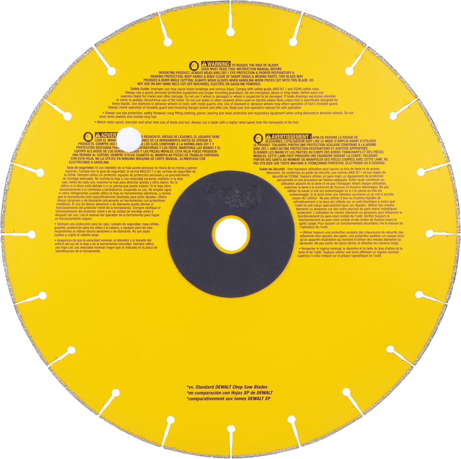 A flat-lay studio product shot of the reverse side of the yellow and black DeWalt DW8500 14-inch diamond edge metal cutting blade, highlighting comprehensive English warning texts regarding proper personal protective equipment usage and operational speed parameters printed across the upper half of the alloy core body.